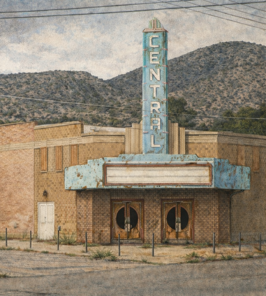 Weathered Art Deco movie theater with a faded vertical sign reading “Central,” boarded doors, and mountains visible behind the building.