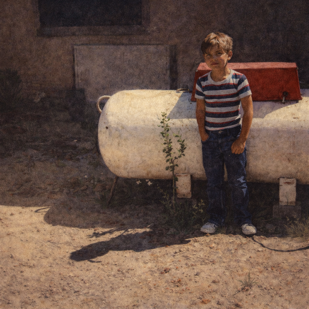 Young boy standing beside a large propane tank, wearing a striped shirt and jeans, hands at his sides on dusty ground.