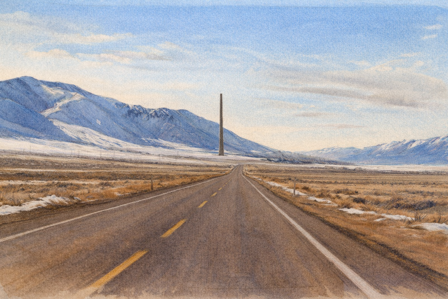 A watercolor landscape featuring a long, winding road leading towards a solitary tall tower, set against mountainous terrain and a clear blue sky.